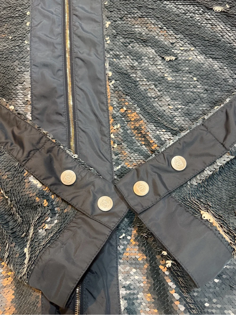 CHANEL Navy Sequin Hooded Zip Jacket with Silver Accents - Picture 4 of 9